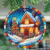 Snowy House Winter Scene Stained Glass Style Ceramic Ornament, Christmas Gift and Decor