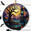 Spooky Tree & Haunted House Stained Glass Style Ceramic Ornament, Halloween Themed Christmas Gift and Decor